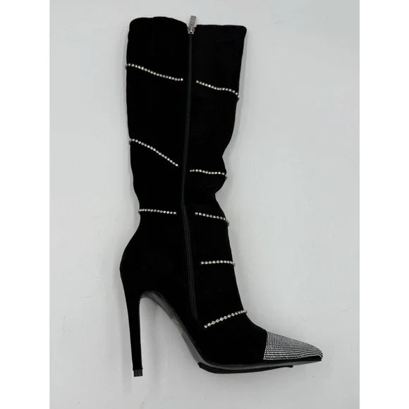 Lauren Lorraine Womens Boots Beyonce Black Rhinestones Knee Size 6.5 Statement - Picture 6 of 11